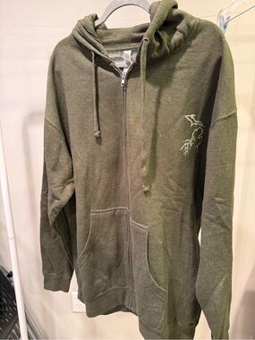 Olive Green Full-Zip Hoodie with Subtle Chest Graphic